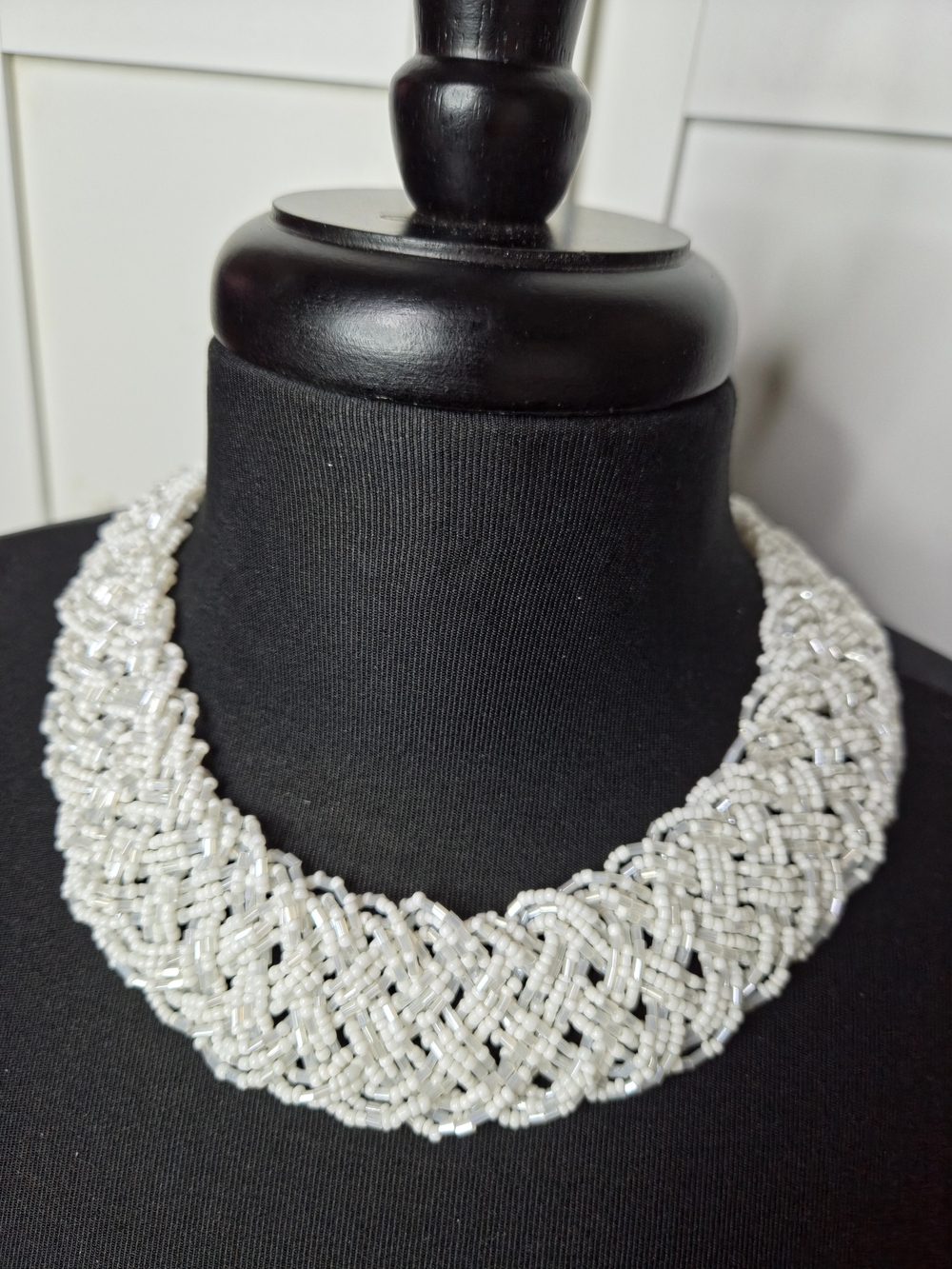White Beaded Braided Collar Necklace - Picture 1 of 9